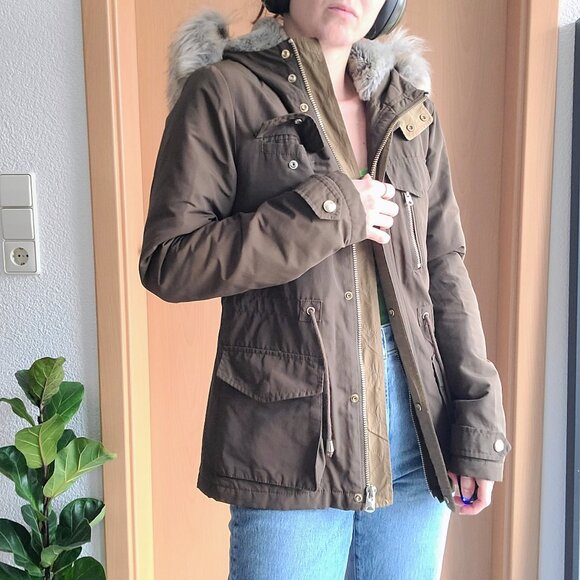 TopShop Jaxson Olive Green Faux Fur Hooded Lined Anorak Peacoat Jacket US Size 2 - Picture 4 of 16